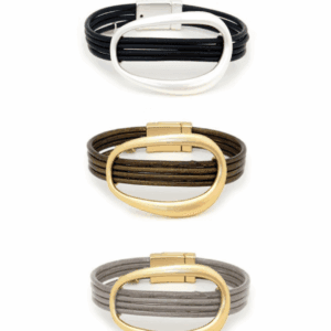 PULSERA SVEN MULTITIRA EN PIEL CON OVALO METÁLICO CORREA COLORES NEGRA, GRIS Y ORO VIEJO