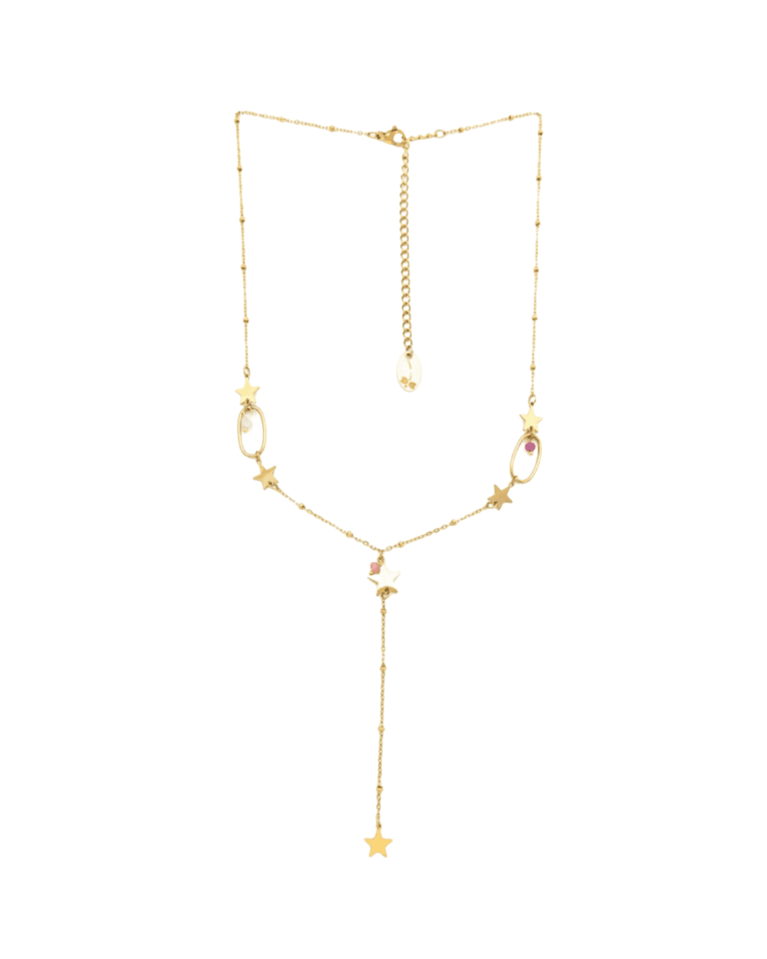 COLLAR COLECCIÓN KARI EN FORMA DE "Y" DE ESTRELLAS DORADO Y PLATEADO CON CRISTALES.