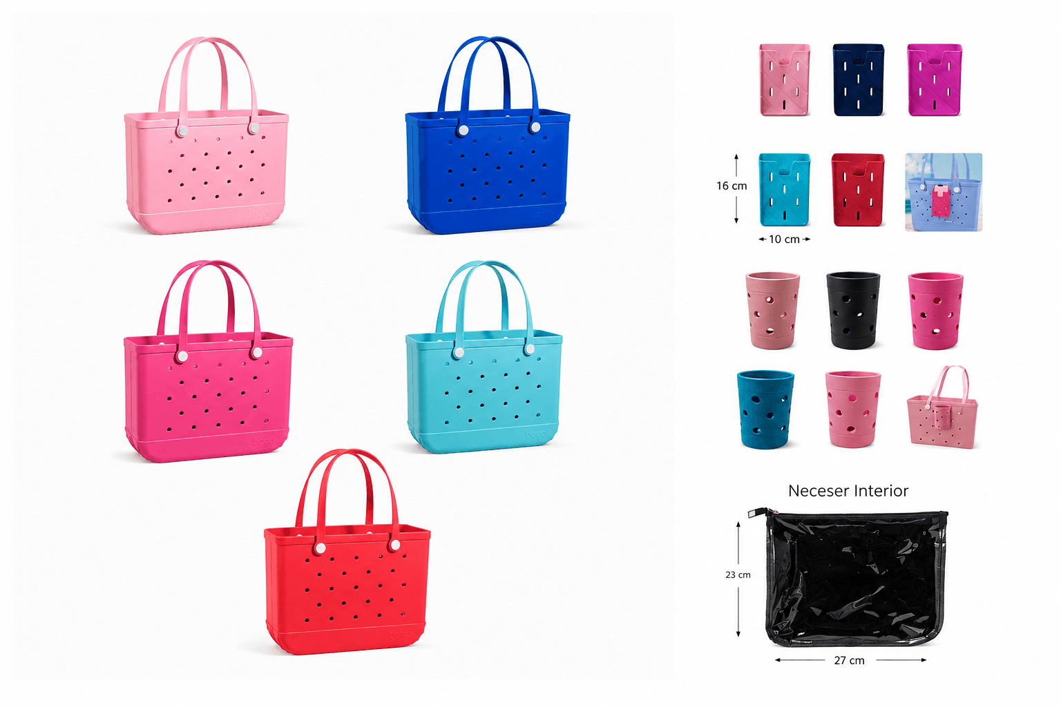bolso de silicona rígida multifunción con neceser, funda para móvil y porta botellas.